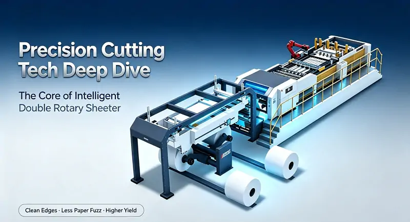 Intelligent double rotary sheeter technical illustration showing precision paper cutting mechanism and high-volume production line
